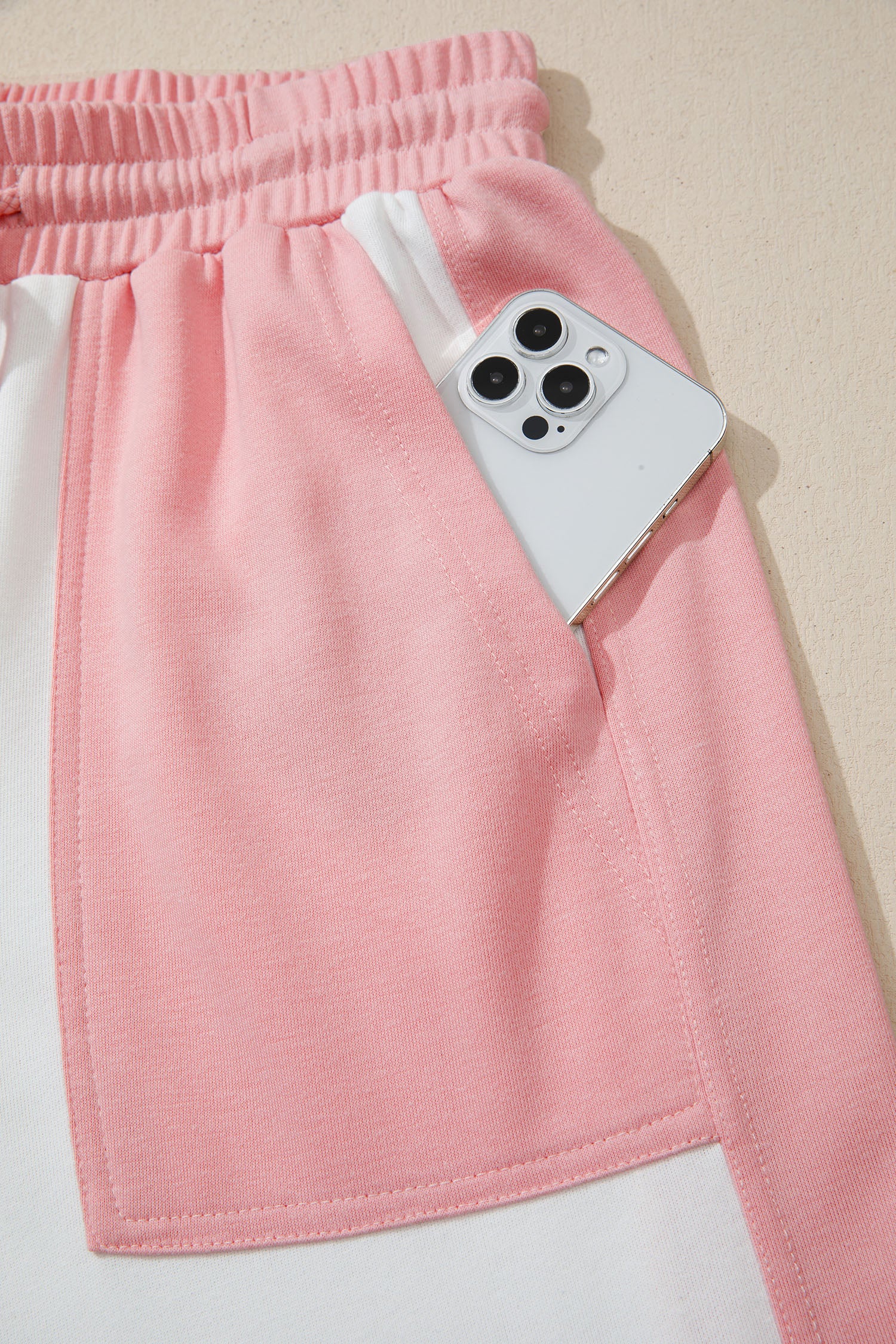 White Two-tone Color Block Patchwork Tee Drawstring Loose Pant Set