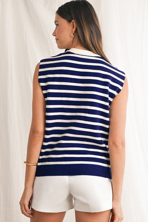 Blau gestreiftes ärmelloses Stricktop mit süßer Schleife