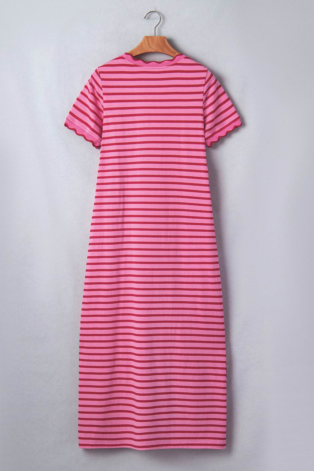 Rose Stripe Striped Short Sleeve Scalloped Trim Side Slit T-Shirt Dress