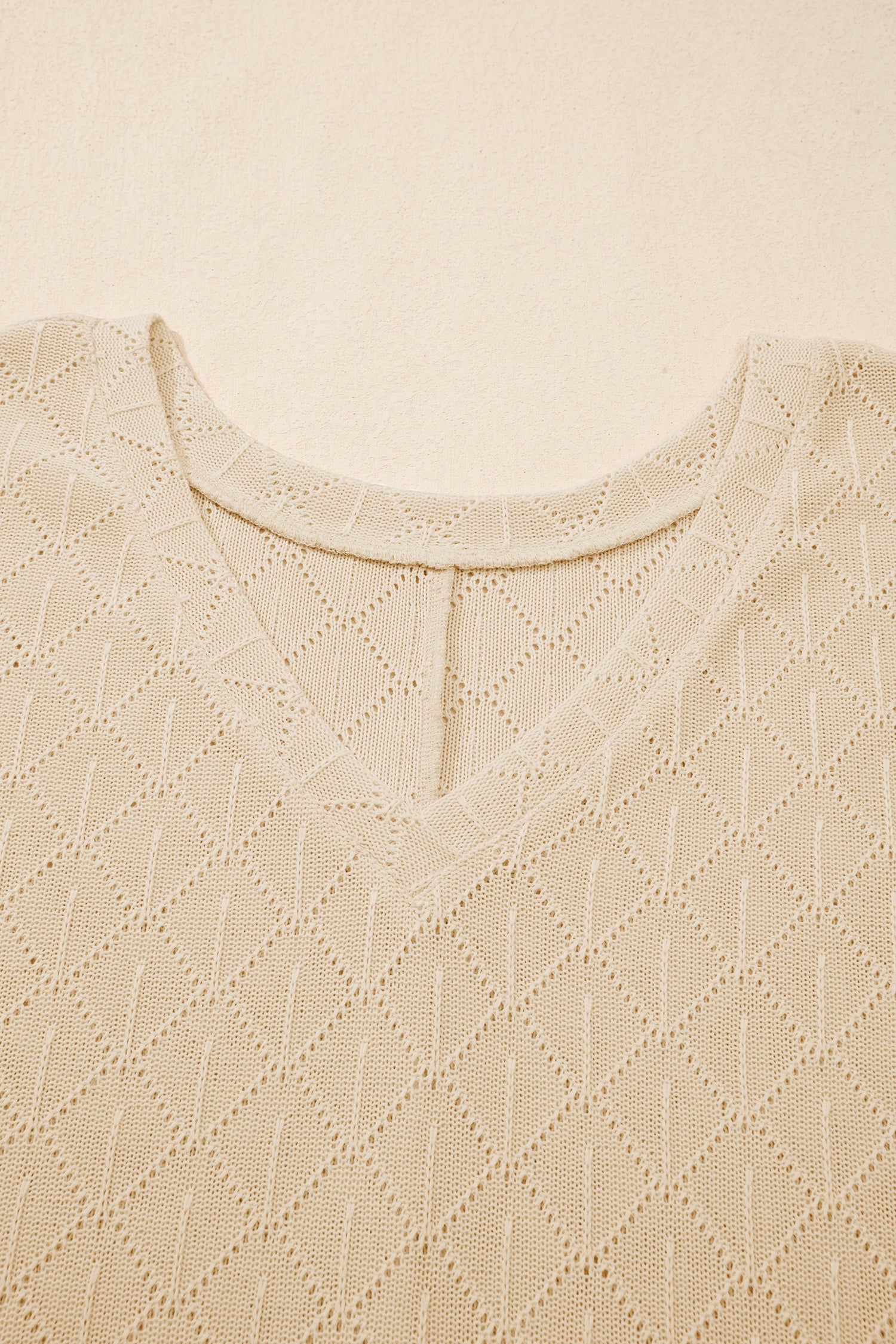 Light Pink Pointelle Rhombus Knit Plus Size V Neck Loose Top