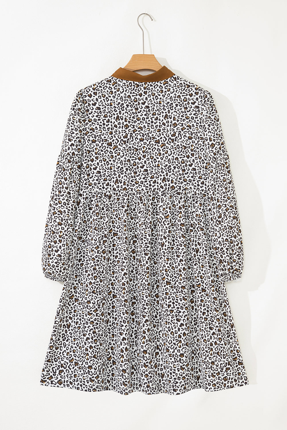 Pink Plus Size Button V Neck Leopard Print Puff Sleeve Loose Mini Dress