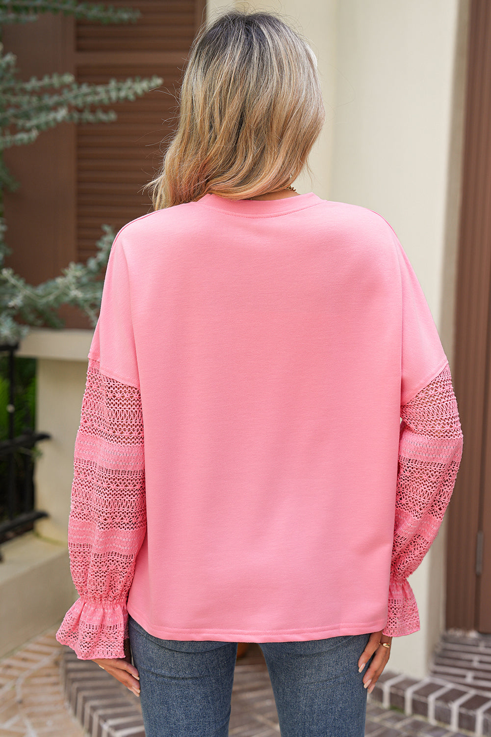 Rosa Spitzen-Patchwork-Ärmel lockeres Sweatshirt