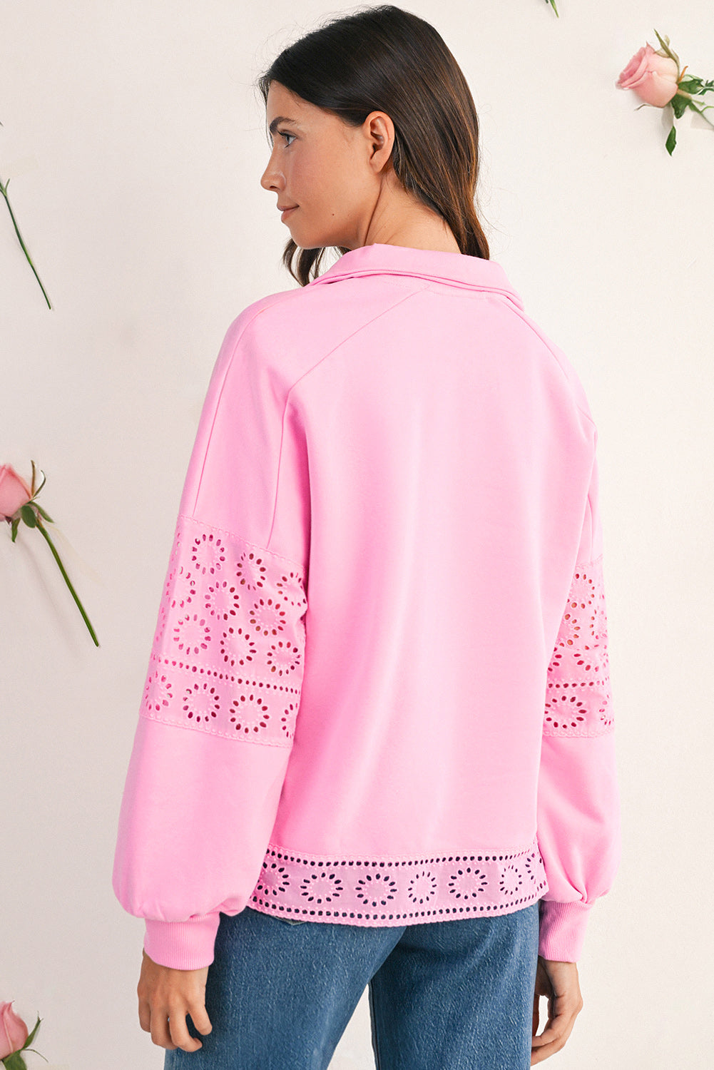 Bonbon besticktes Blumen-Patchwork Pullover-Sweatshirt mit Druckknöpfen