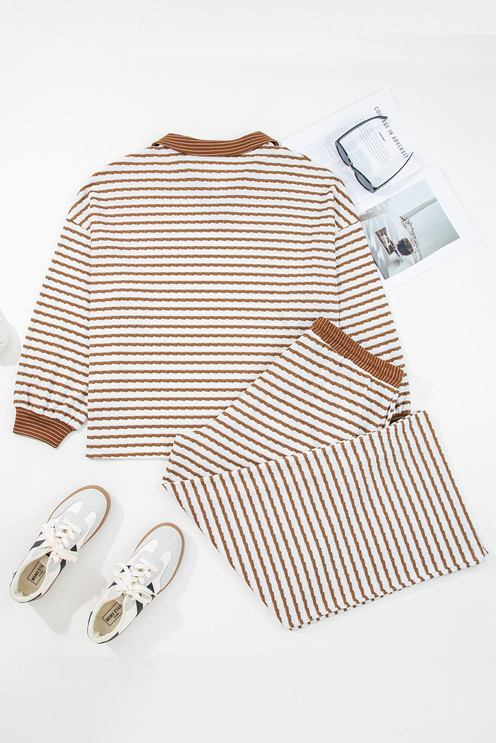 Khaki Stripe Plus Size Loose Pullover Drawstring Elastic Waist Wide Leg Pants Set