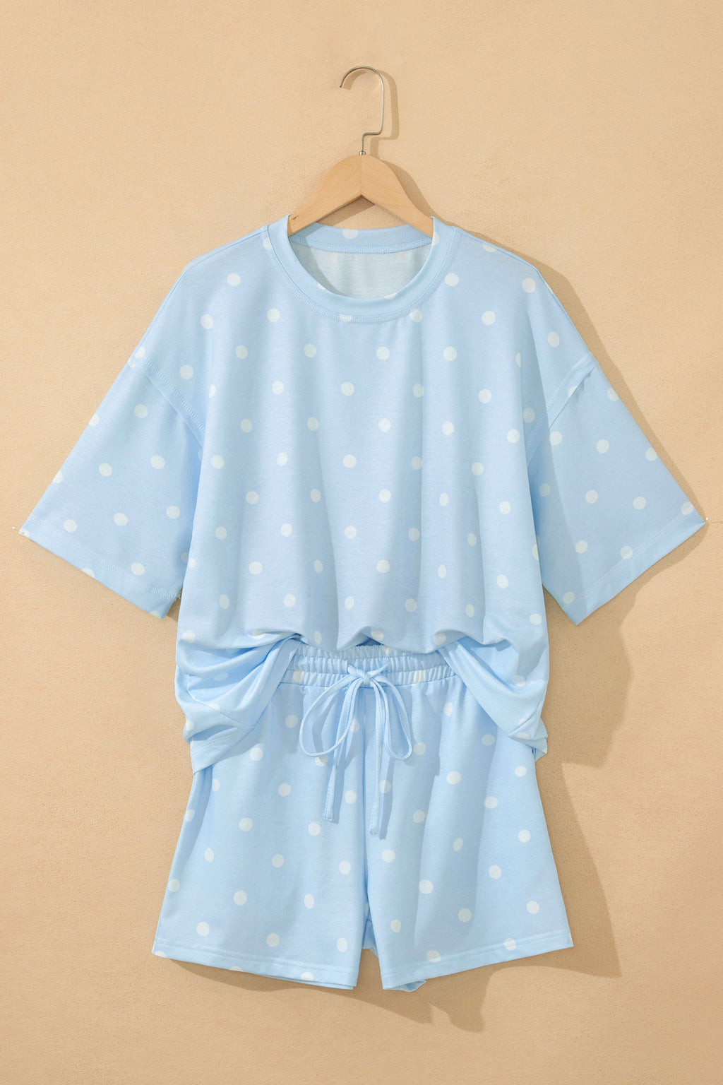 White Exposed Seam Detail Polka Dot Loose Tee Drawstring Shorts Set