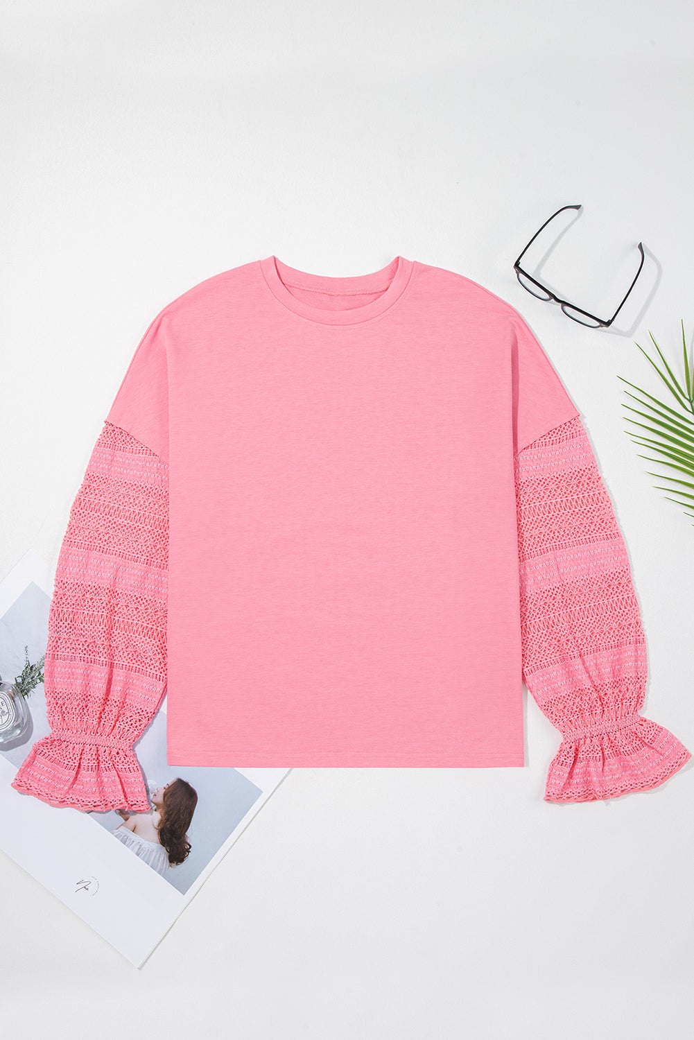 Rosa Spitzen-Patchwork-Ärmel lockeres Sweatshirt