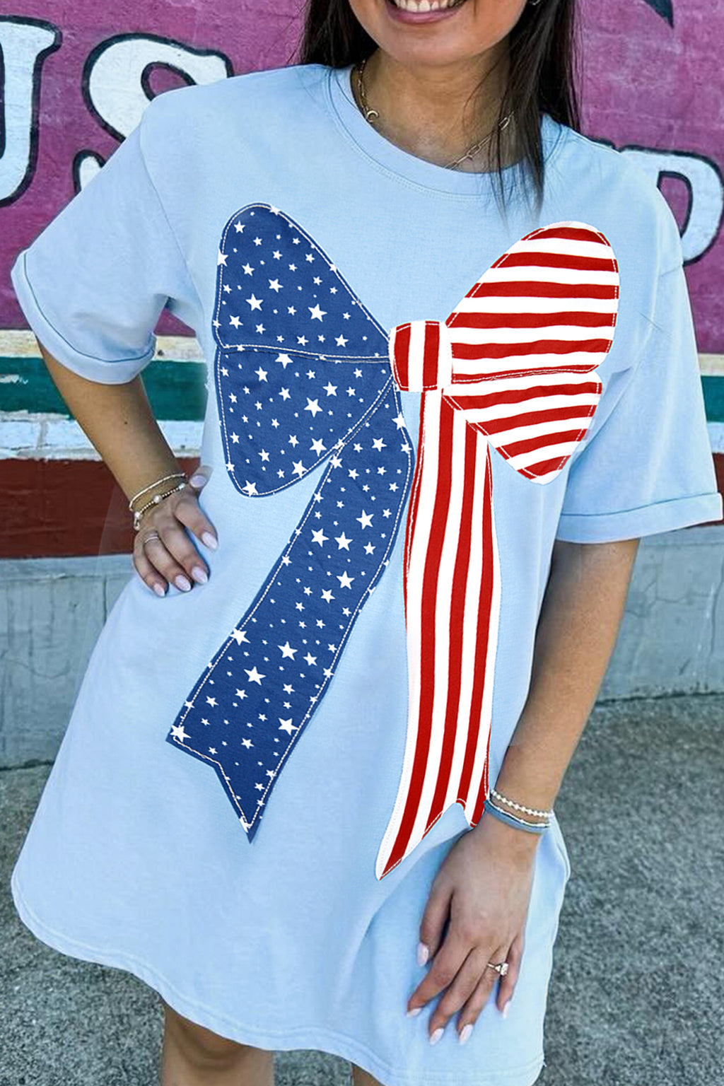 Beau Blue Patriotisches Große Schleife Genähtes T-Shift Minikleid