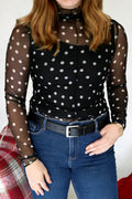 Plus Size Mock Neck Mesh Top – Polka Dot Long Sleeve