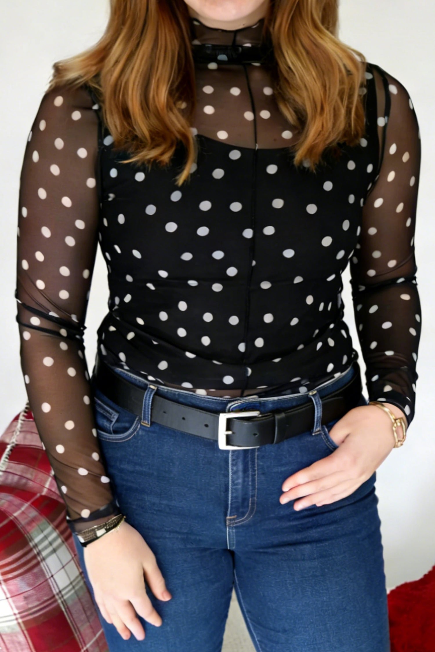 Plus Size Mock Neck Mesh Top – Polka Dot Long Sleeve