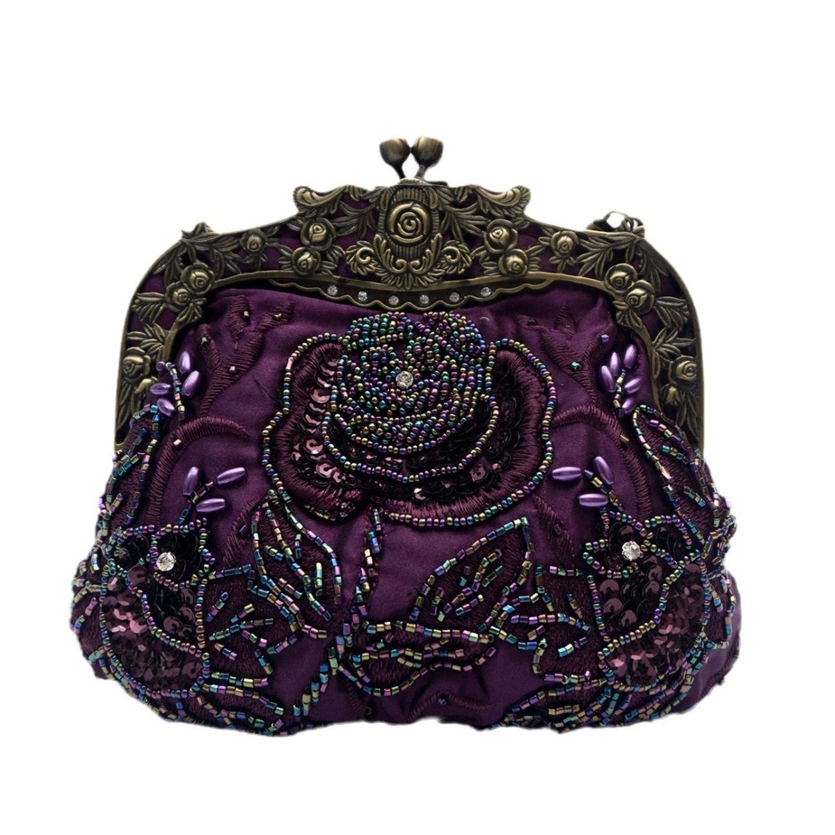 Embroidered Rose Sequins & Beads Evening Clutch Bag