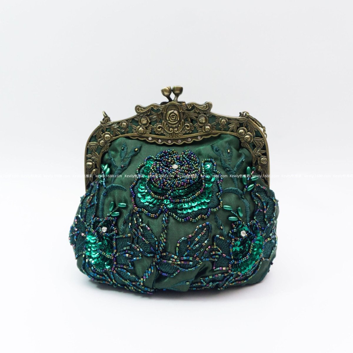 Embroidered Rose Sequins & Beads Evening Clutch Bag