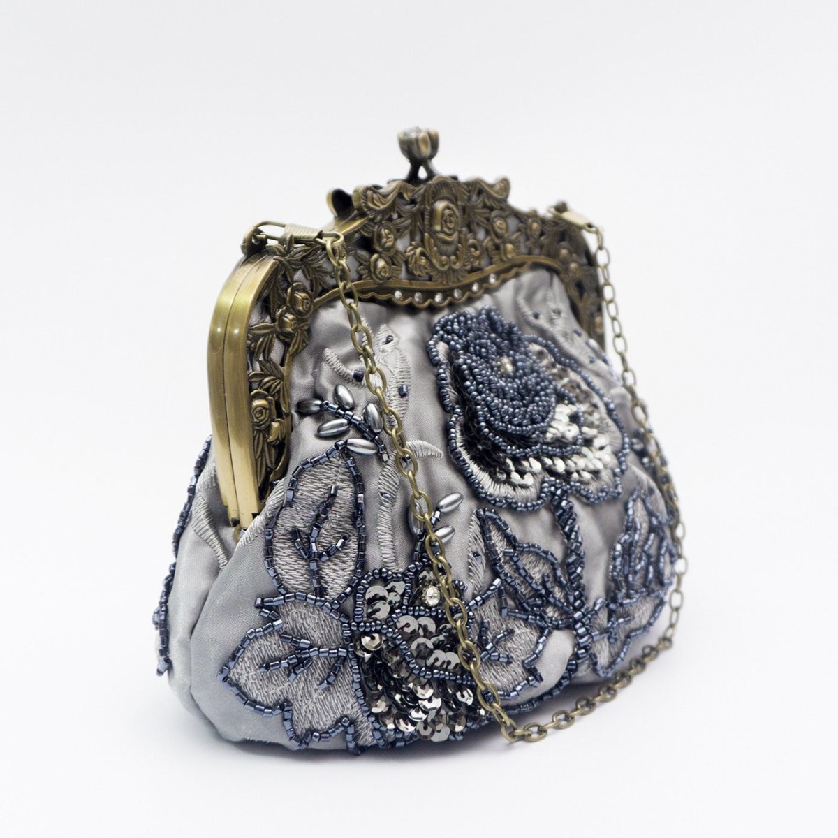 Embroidered Rose Sequins & Beads Evening Clutch Bag
