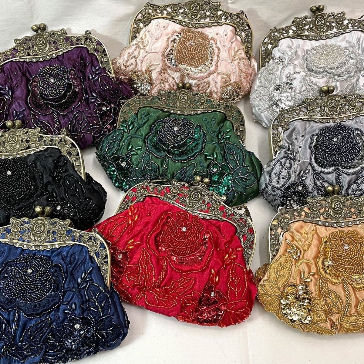 Embroidered Rose Sequins & Beads Evening Clutch Bag