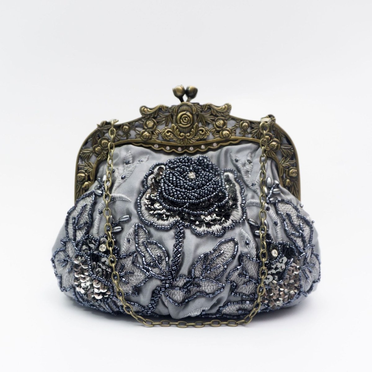 Embroidered Rose Sequins & Beads Evening Clutch Bag