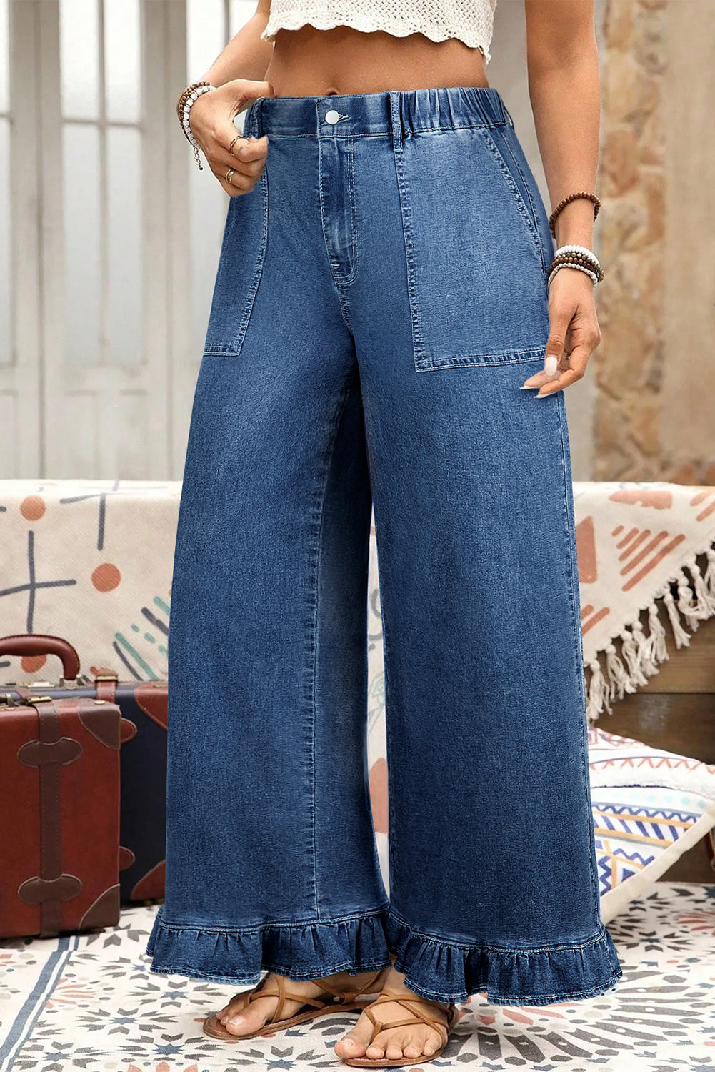 Black Plus Size Elastic Waist Ruffled Wide Leg Denim Pants