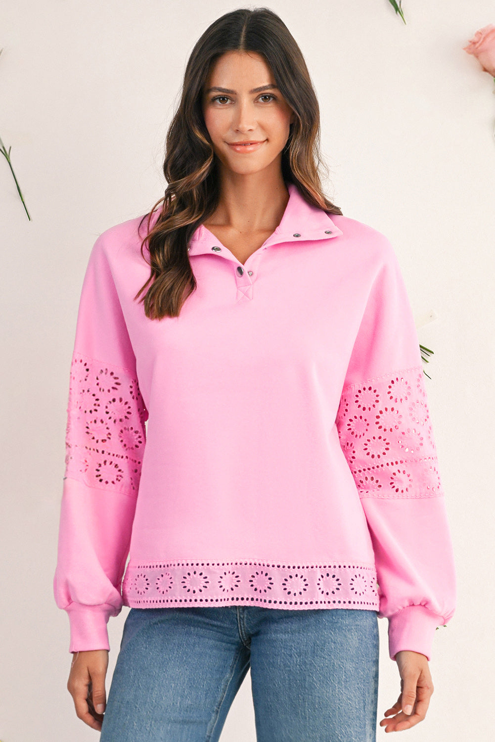 Bonbon besticktes Blumen-Patchwork Pullover-Sweatshirt mit Druckknöpfen