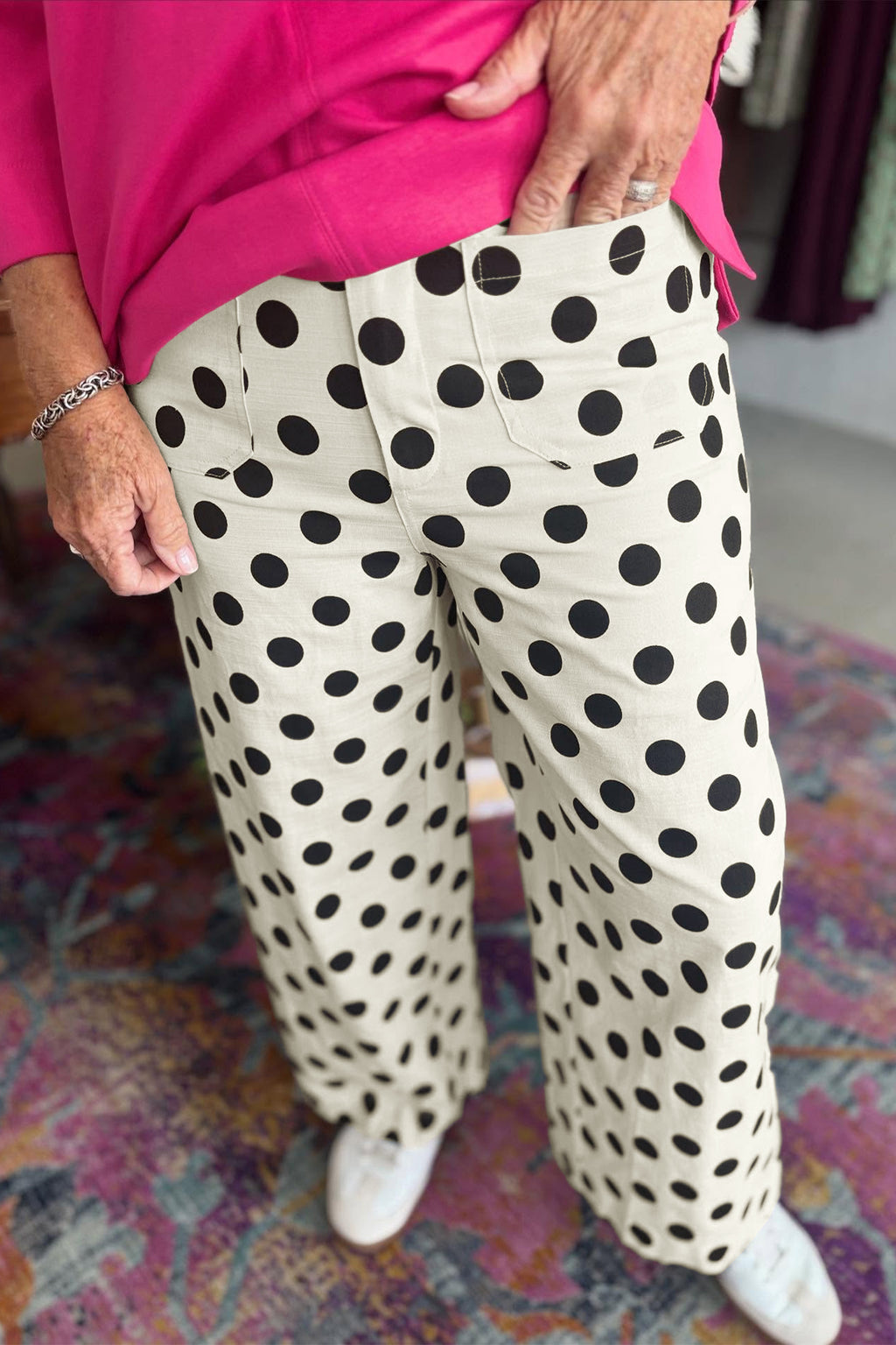 White Plus Size Polka Dot Print Patch Pocket Womens Shift Pants