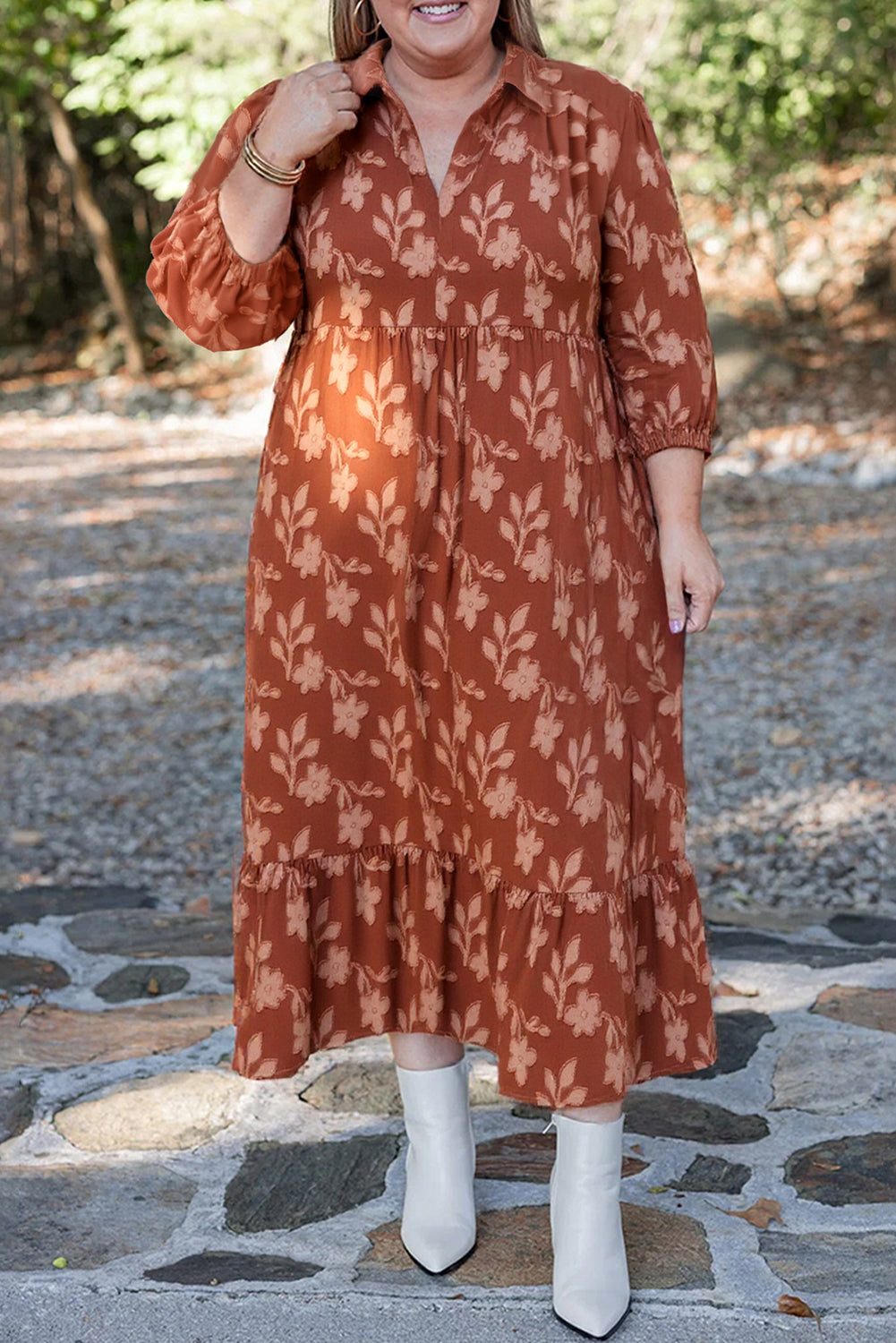 Cinnamon Plus Size Textured 3D Flower Pattern Ruffle Hem Dress
